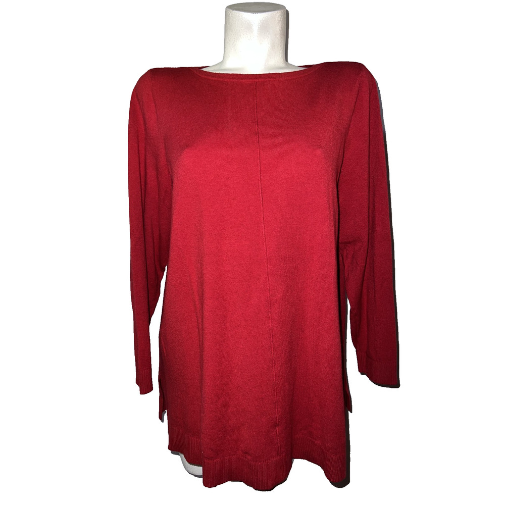 J Jill Top Size XL Red Round Neck Cotton Poly‎ Nylon Knit Front Seam LS Tunic